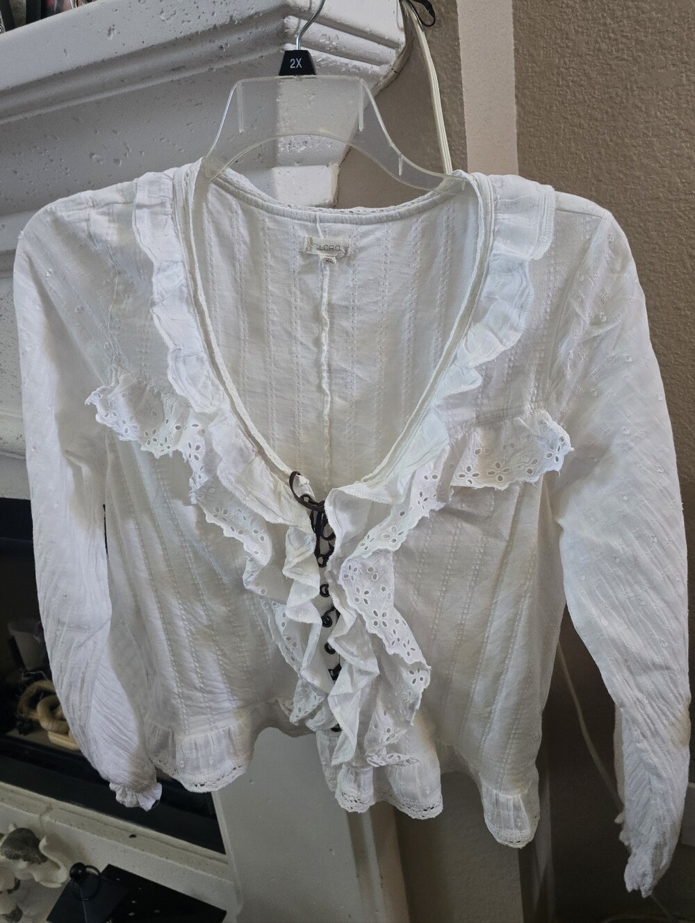 PILCRO White Ruffled Eyelet Button-Front Women's Top XL Cotton